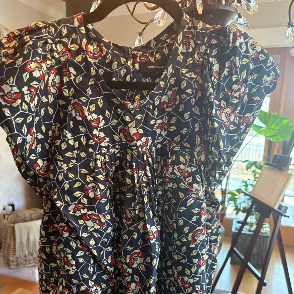 Isabel Marant Navy and Red Floral Silk Blouse